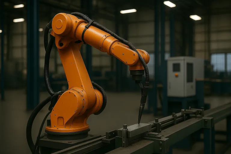 Industrial robot arm in an automated assembly line